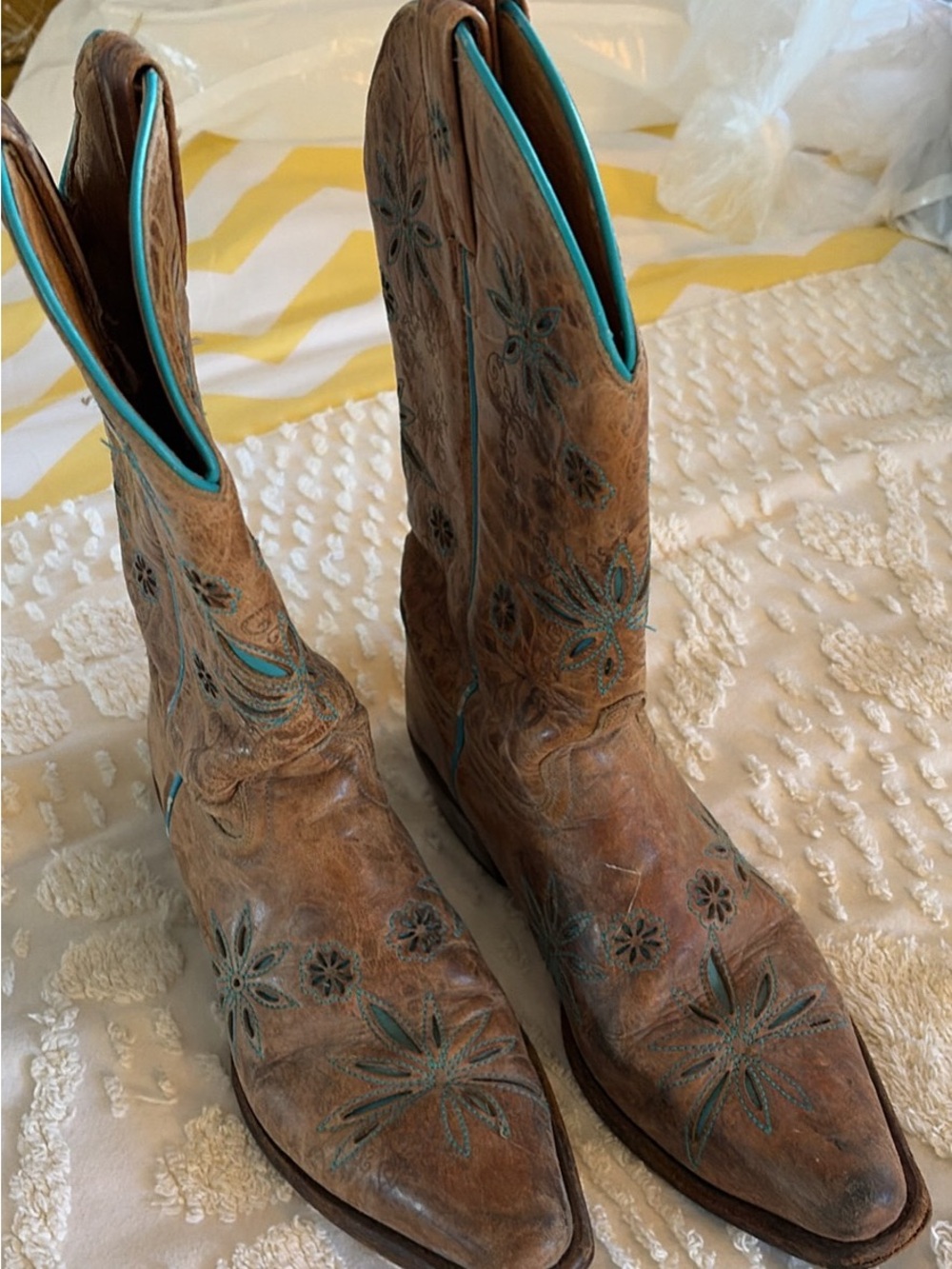 Shyanne Brown Leather Western Boots with Turquoise Trim